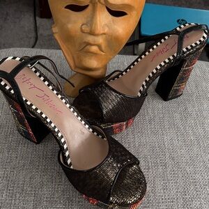 Betsey Johnson Black and Gold Heels with Multicolor Accents